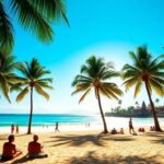 Beautiful Bali beach with palm trees and ocean.