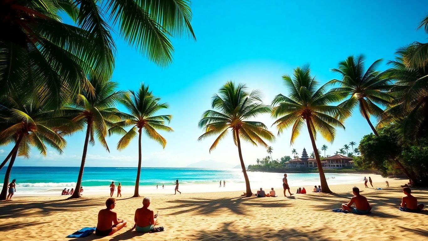 Beautiful Bali beach with palm trees and ocean.