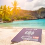 Balinese beach with passport and visa stamp.