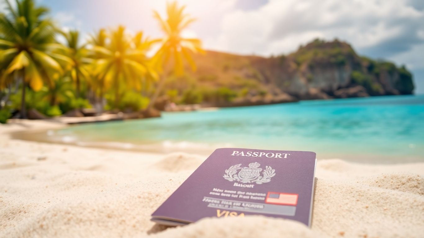 Balinese beach with passport and visa stamp.