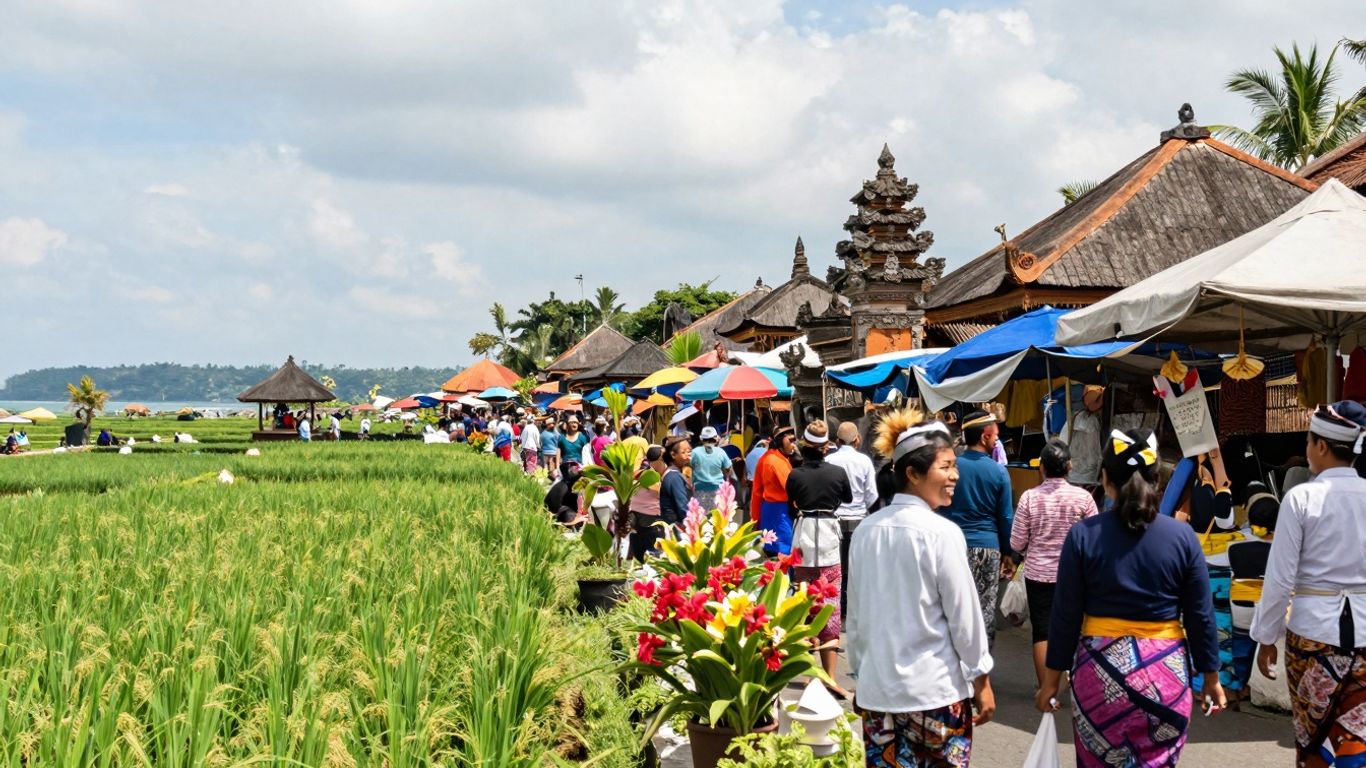 Bali landscape with rice paddies, coast, and people.