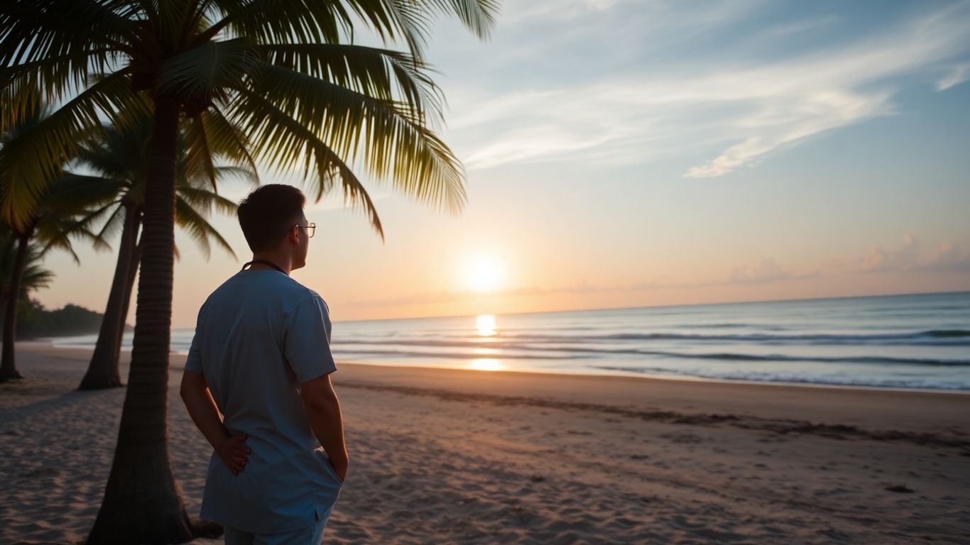 Doctor on a Balinese beach at sunset.