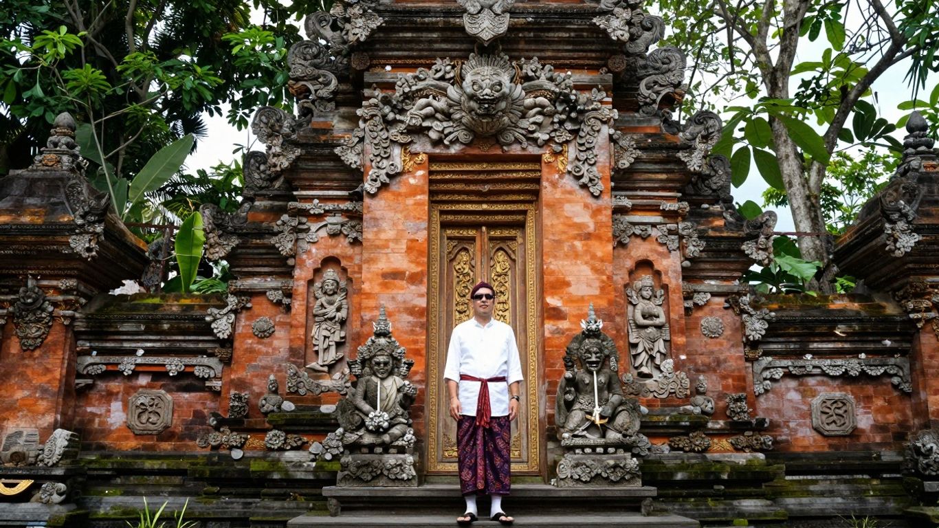 Russian tourist at a Balinese temple entrance.