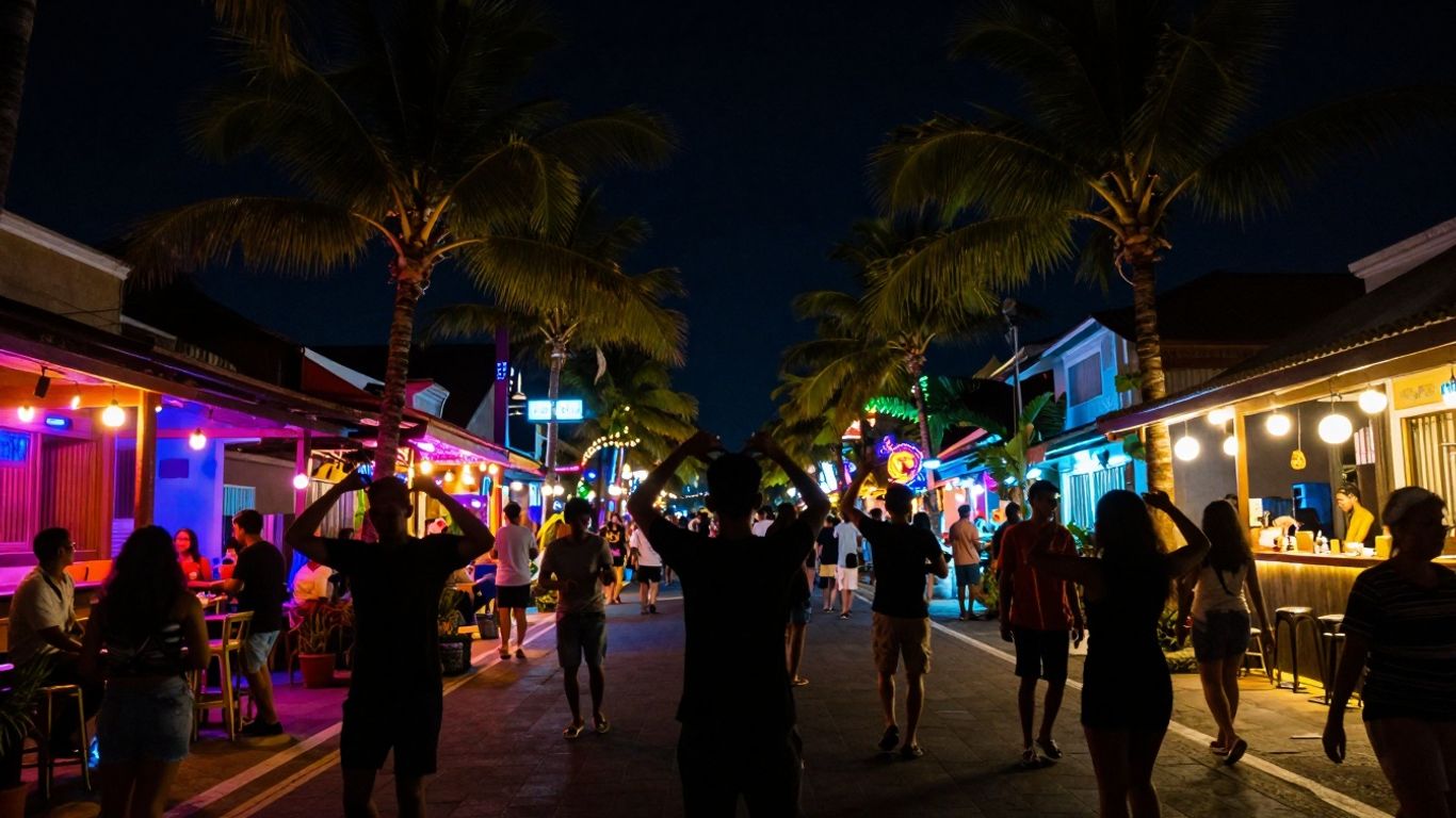 Seminyak nightlife with dancing silhouettes and neon lights.