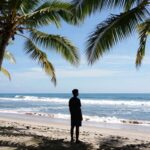 Balinese beach with palm trees and ocean waves.