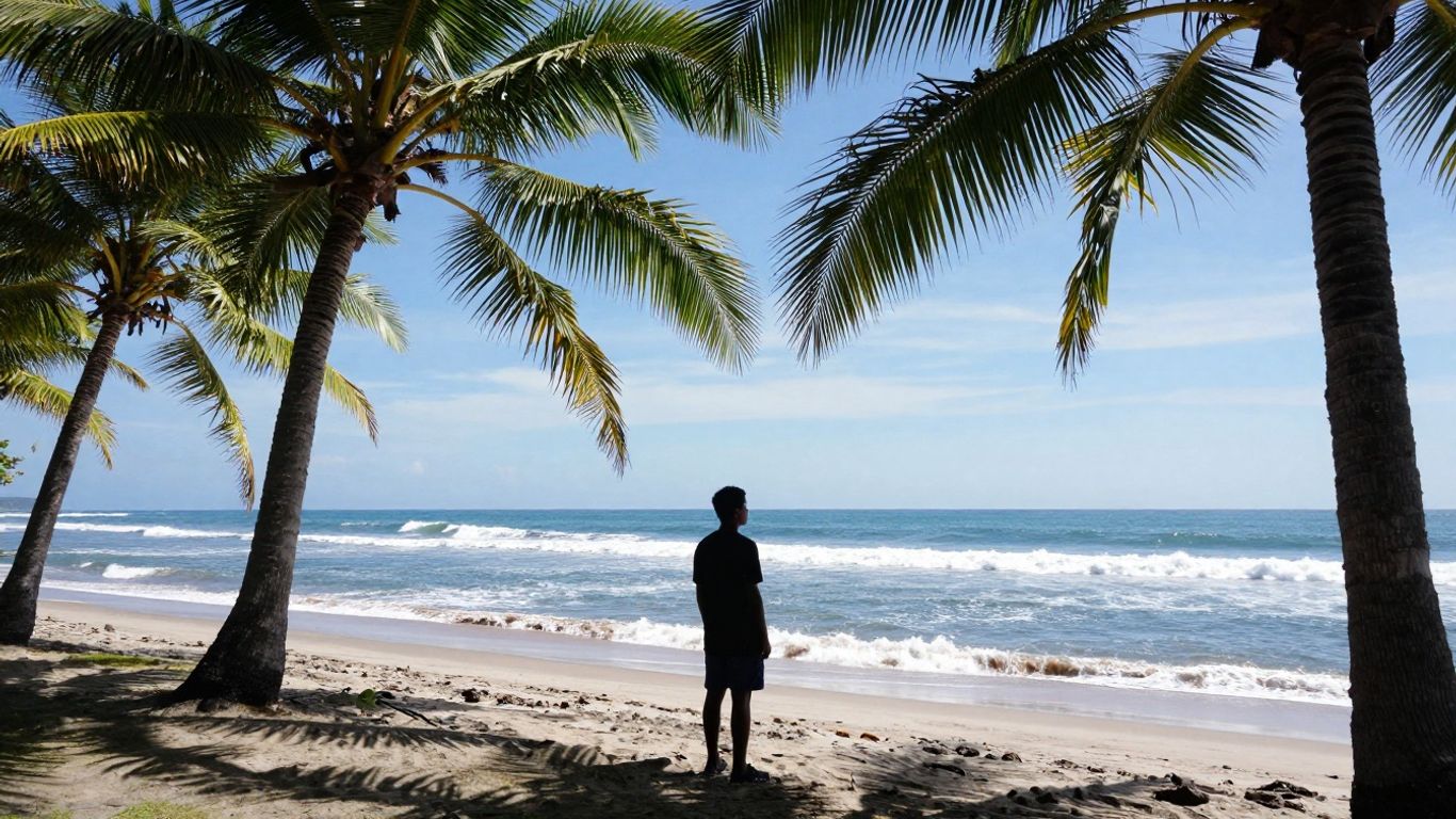 Balinese beach with palm trees and ocean waves.