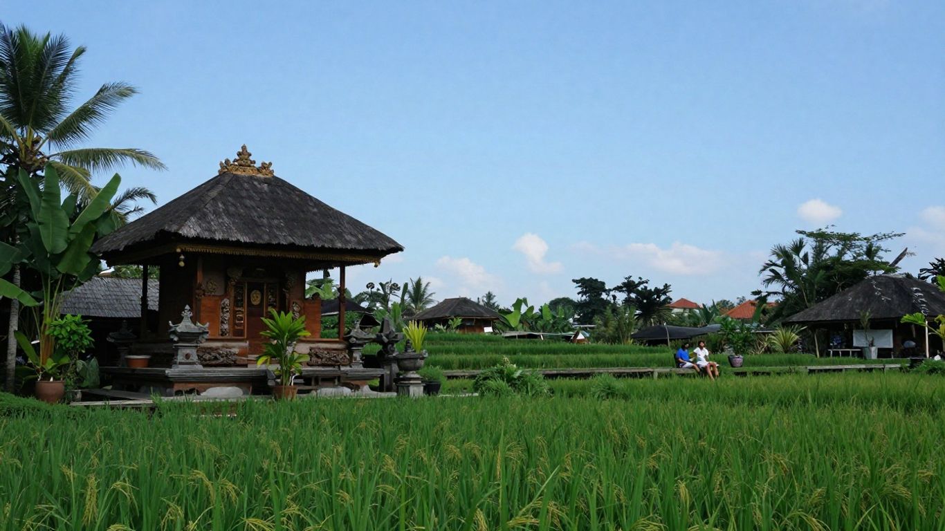 Balinese rice paddies and traditional house with Russian couple.